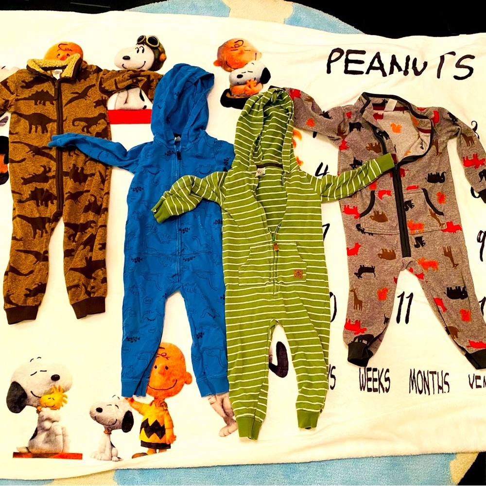 4 Carters 24 months jumpsuits, with zipper closures.